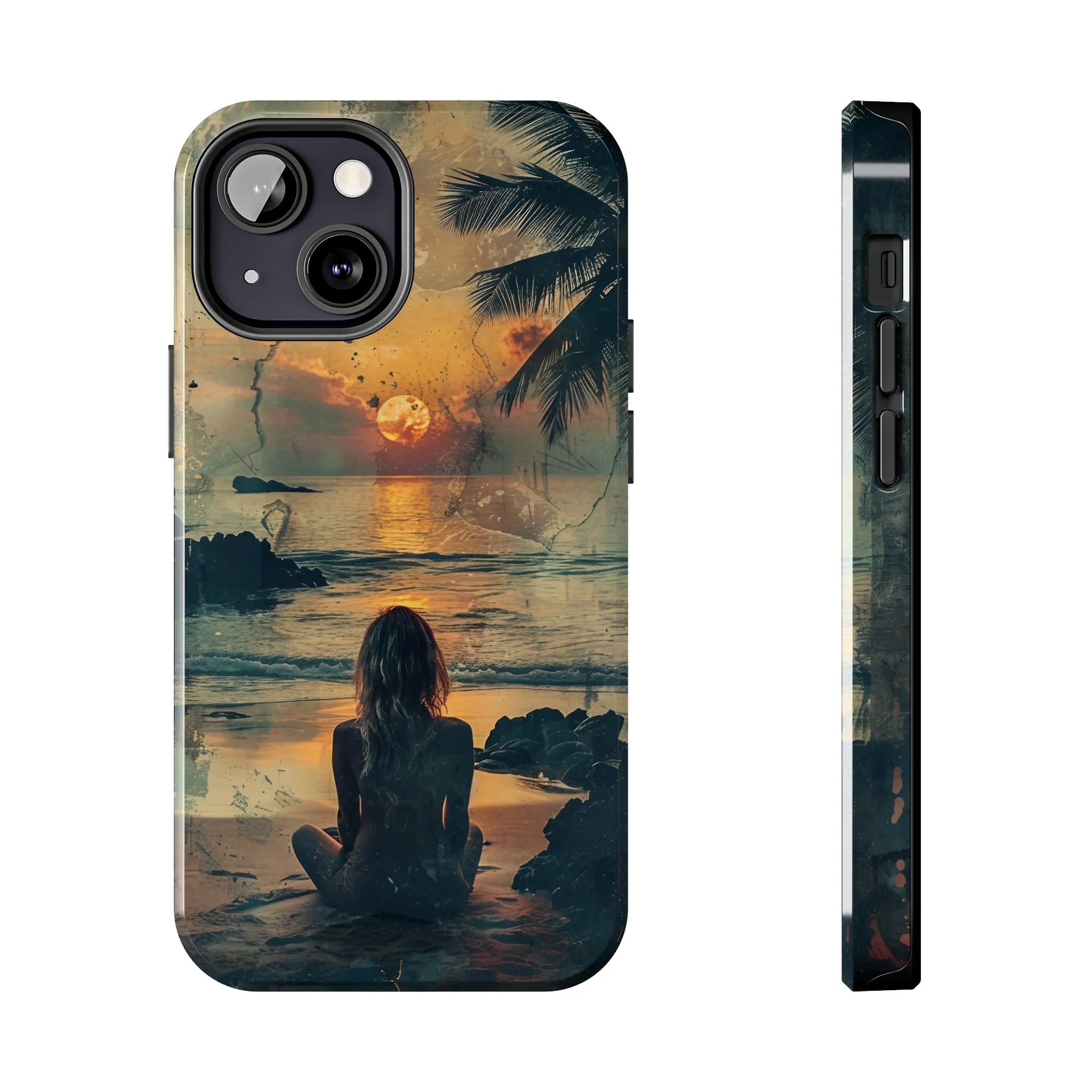 Vitage Tropical Sunset Beach Scene, iPhone Case, Aesthetic Ocean View with Palm Trees, Tranquil Nature Vibes Protective Cover, Tough iPhone Case