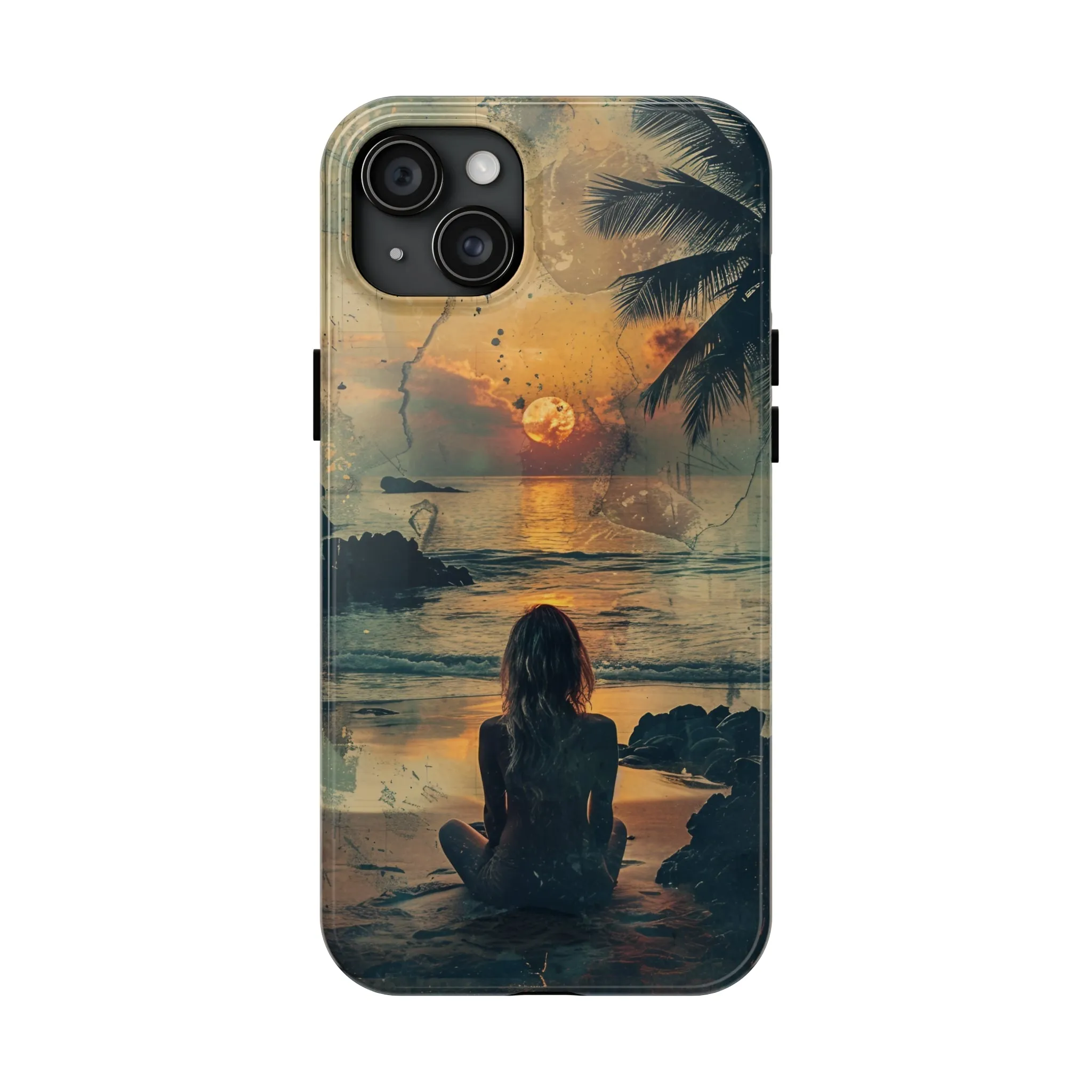 Vitage Tropical Sunset Beach Scene, iPhone Case, Aesthetic Ocean View with Palm Trees, Tranquil Nature Vibes Protective Cover, Tough iPhone Case