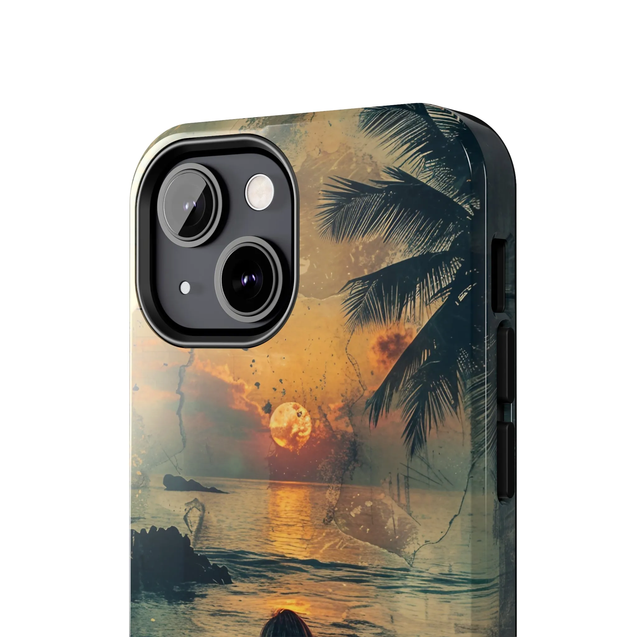 Vitage Tropical Sunset Beach Scene, iPhone Case, Aesthetic Ocean View with Palm Trees, Tranquil Nature Vibes Protective Cover, Tough iPhone Case