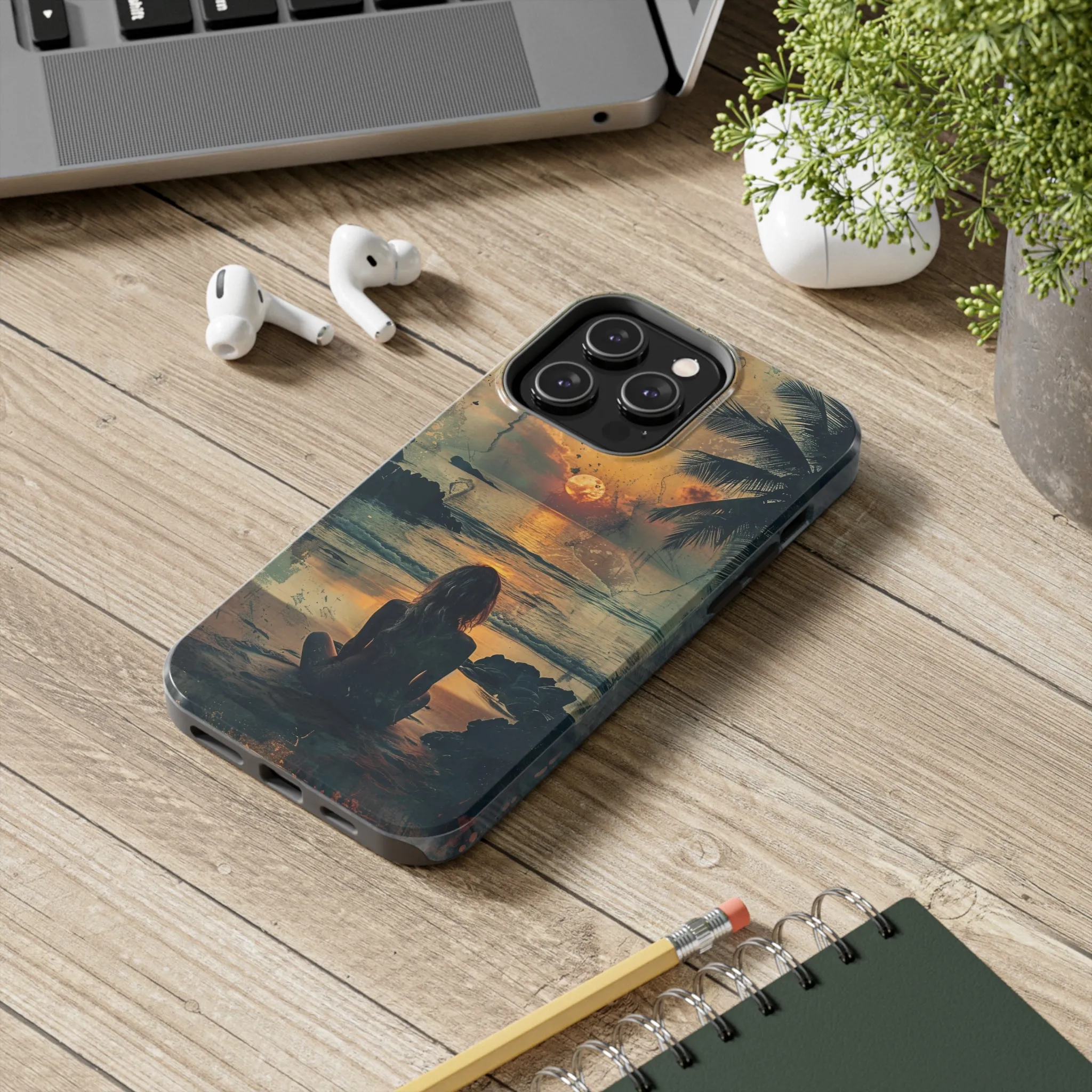 Vitage Tropical Sunset Beach Scene, iPhone Case, Aesthetic Ocean View with Palm Trees, Tranquil Nature Vibes Protective Cover, Tough iPhone Case