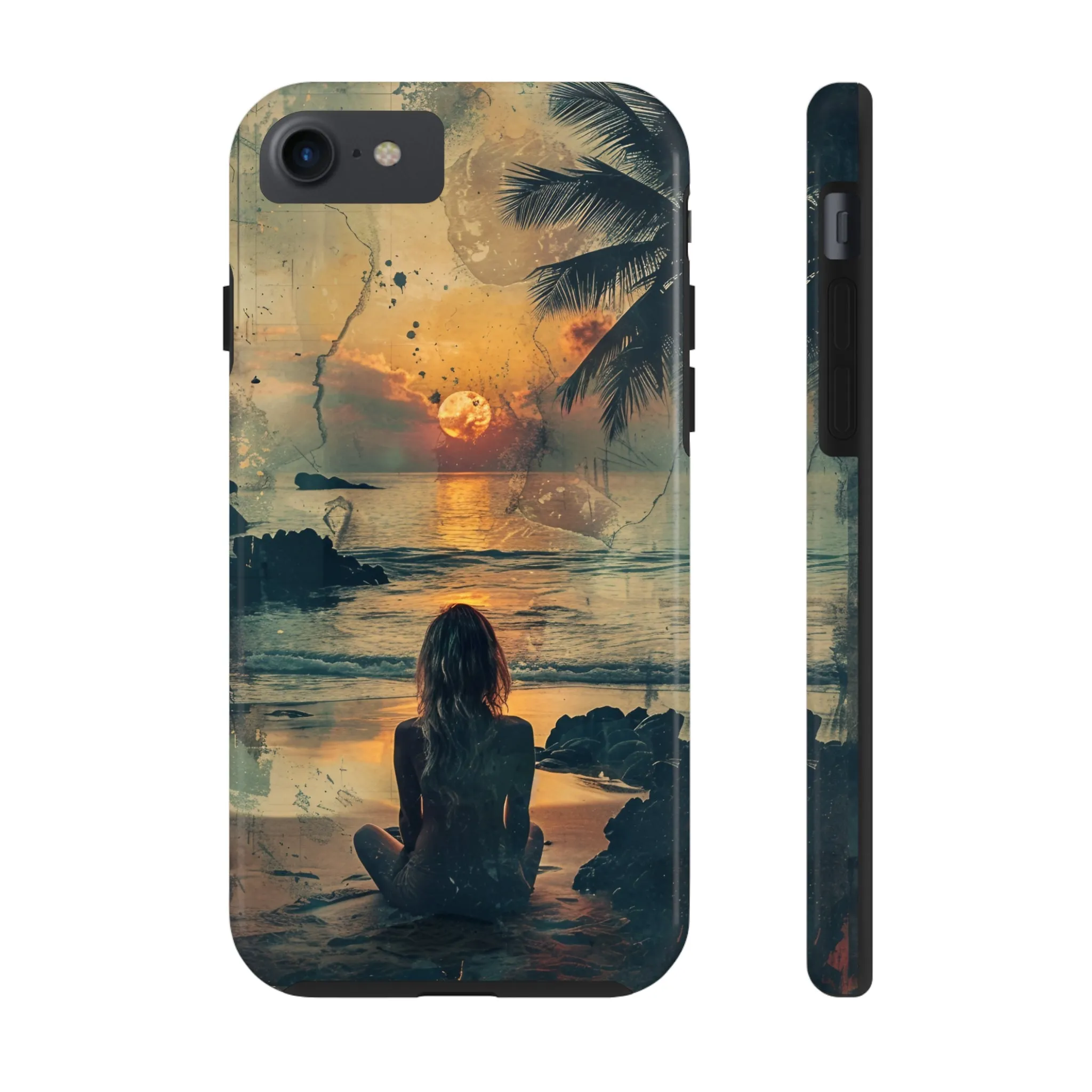 Vitage Tropical Sunset Beach Scene, iPhone Case, Aesthetic Ocean View with Palm Trees, Tranquil Nature Vibes Protective Cover, Tough iPhone Case