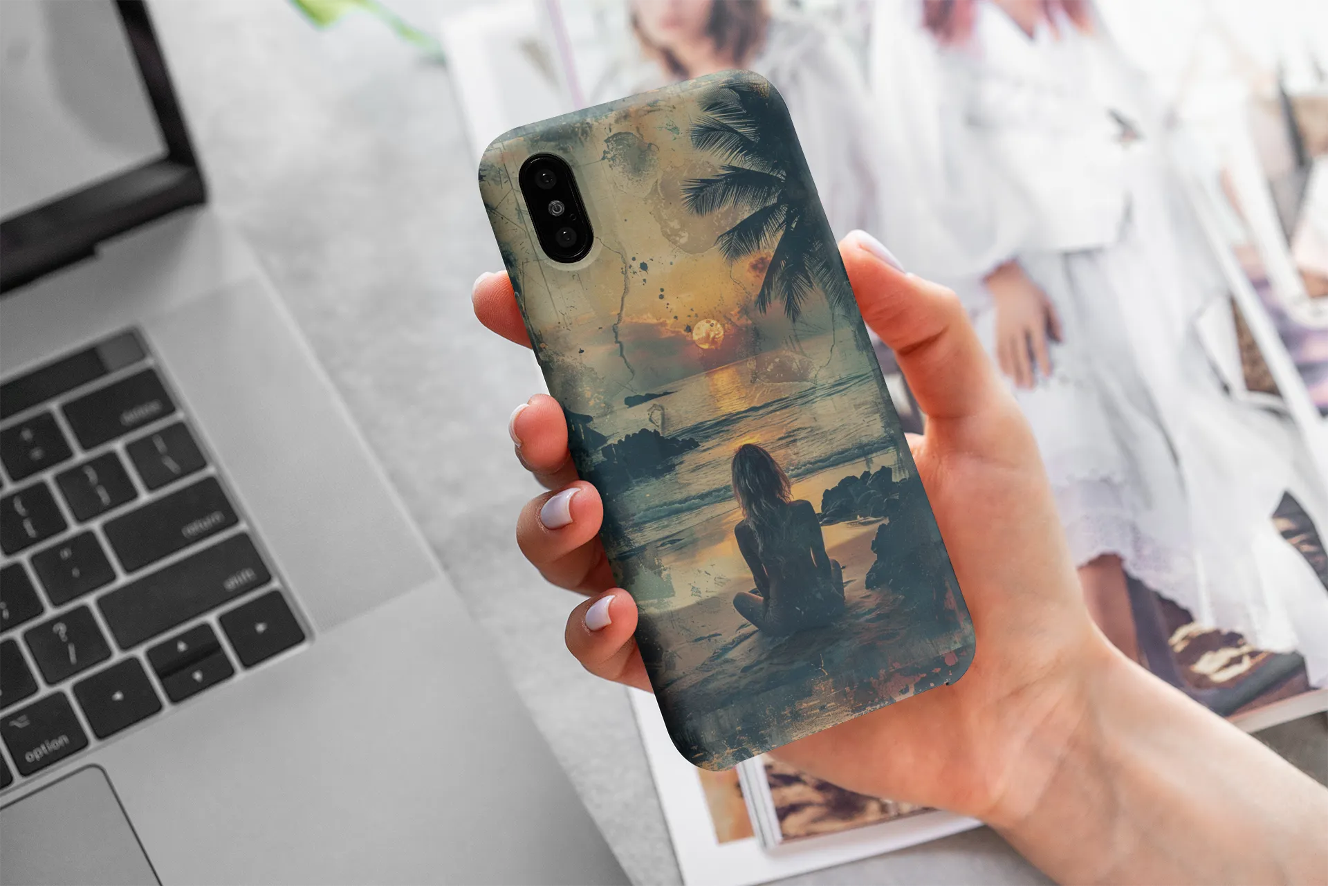 Vitage Tropical Sunset Beach Scene, iPhone Case, Aesthetic Ocean View with Palm Trees, Tranquil Nature Vibes Protective Cover, Tough iPhone Case