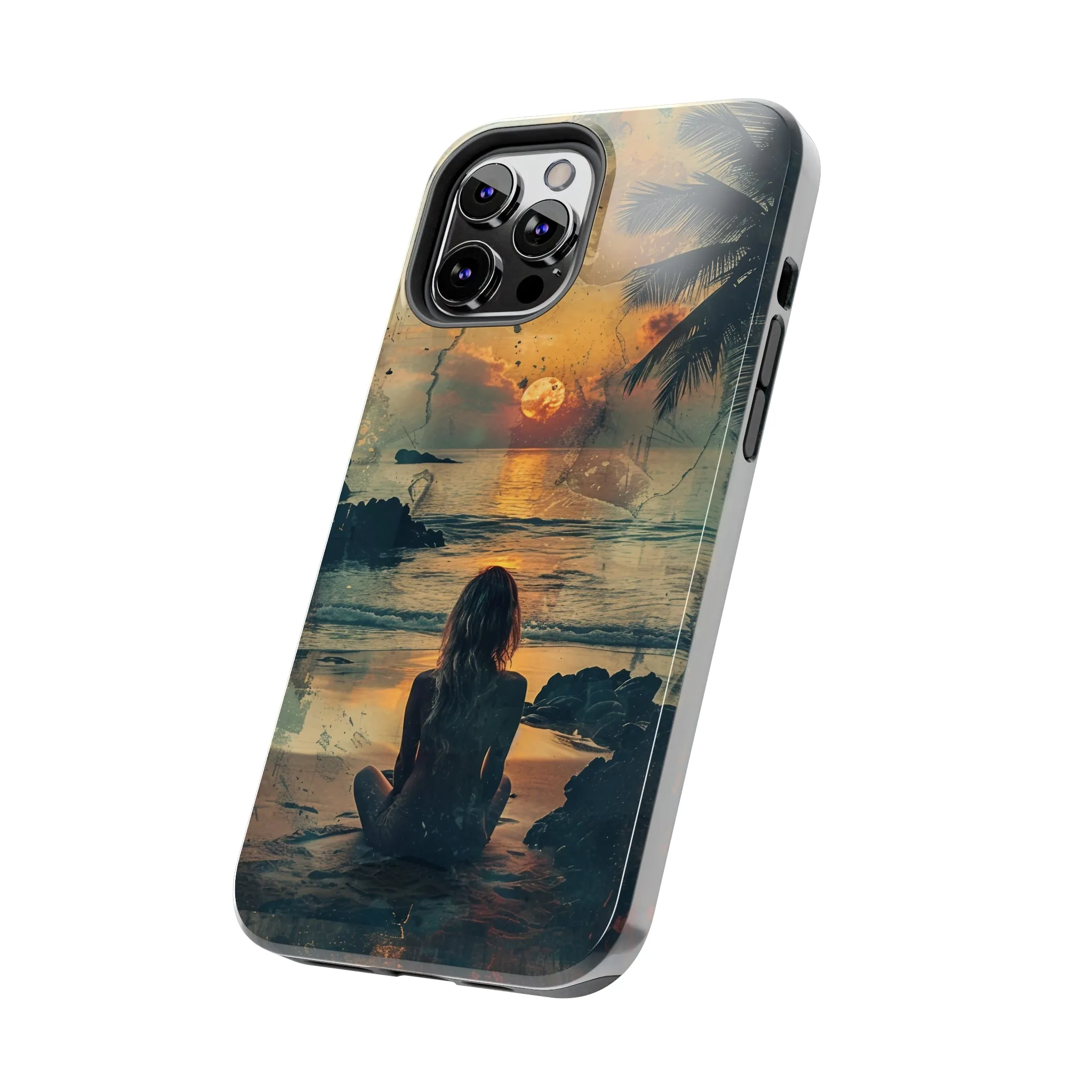 Vitage Tropical Sunset Beach Scene, iPhone Case, Aesthetic Ocean View with Palm Trees, Tranquil Nature Vibes Protective Cover, Tough iPhone Case