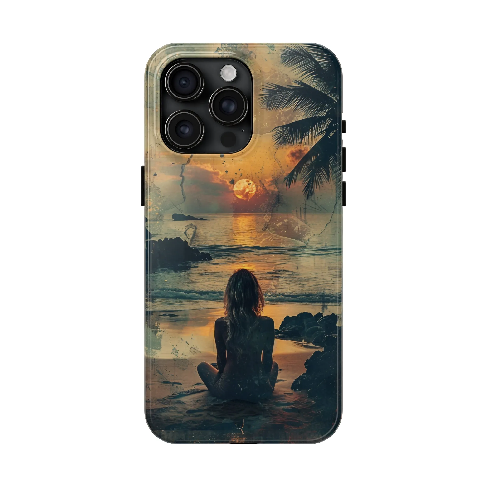 Vitage Tropical Sunset Beach Scene, iPhone Case, Aesthetic Ocean View with Palm Trees, Tranquil Nature Vibes Protective Cover, Tough iPhone Case