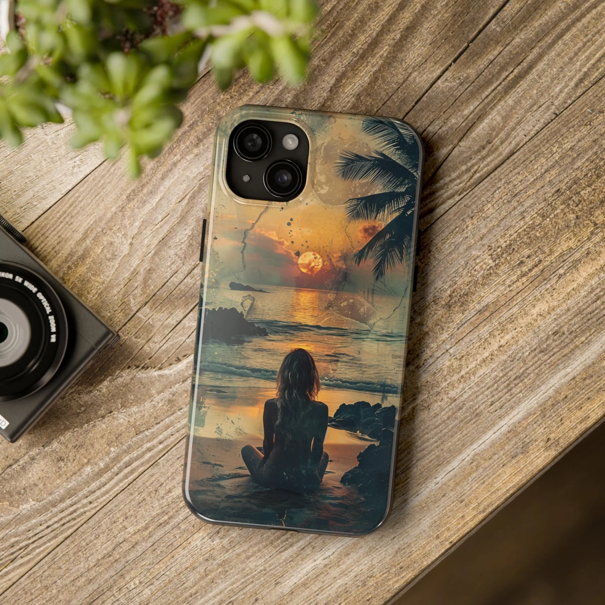 Vitage Tropical Sunset Beach Scene, iPhone Case, Aesthetic Ocean View with Palm Trees, Tranquil Nature Vibes Protective Cover, Tough iPhone Case