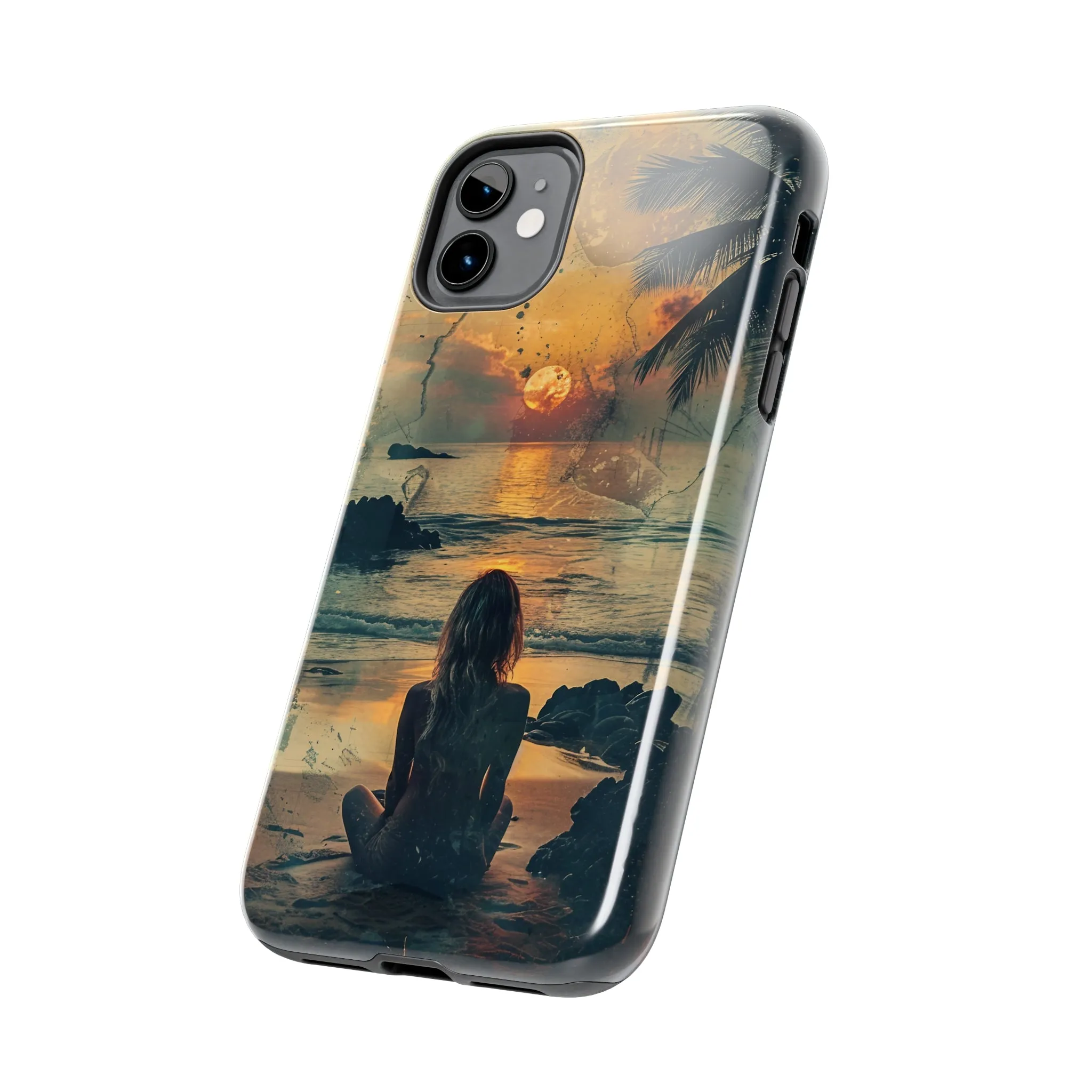 Vitage Tropical Sunset Beach Scene, iPhone Case, Aesthetic Ocean View with Palm Trees, Tranquil Nature Vibes Protective Cover, Tough iPhone Case