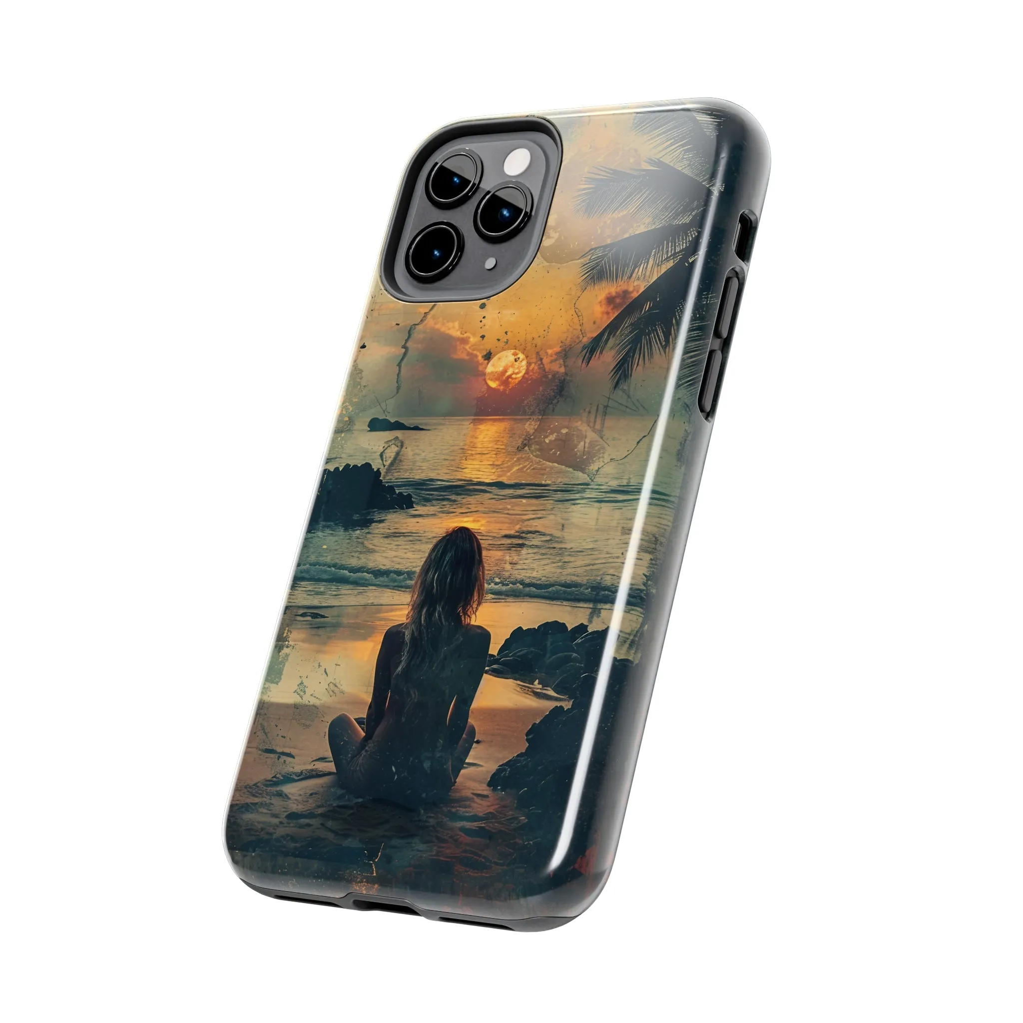 Vitage Tropical Sunset Beach Scene, iPhone Case, Aesthetic Ocean View with Palm Trees, Tranquil Nature Vibes Protective Cover, Tough iPhone Case