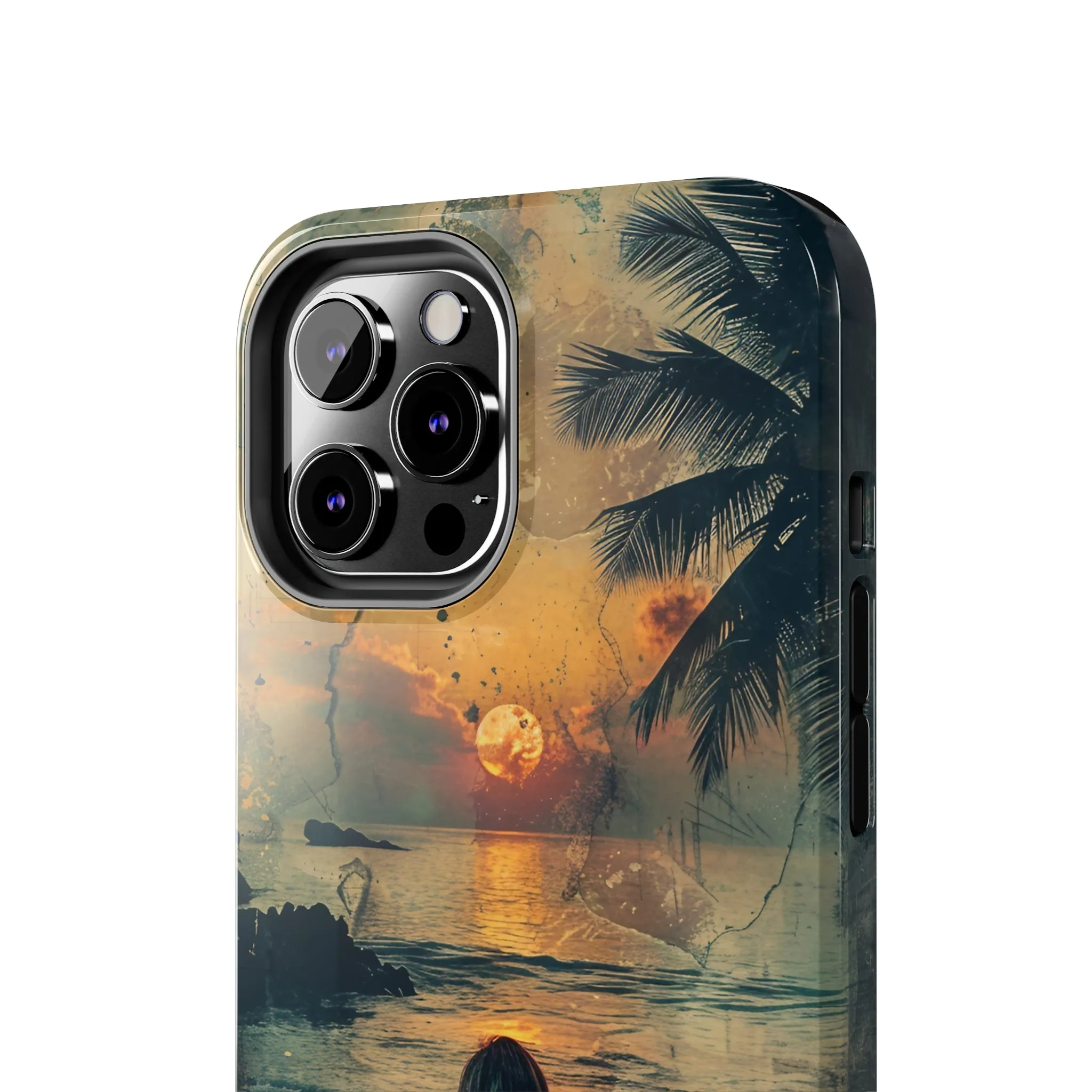 Vitage Tropical Sunset Beach Scene, iPhone Case, Aesthetic Ocean View with Palm Trees, Tranquil Nature Vibes Protective Cover, Tough iPhone Case