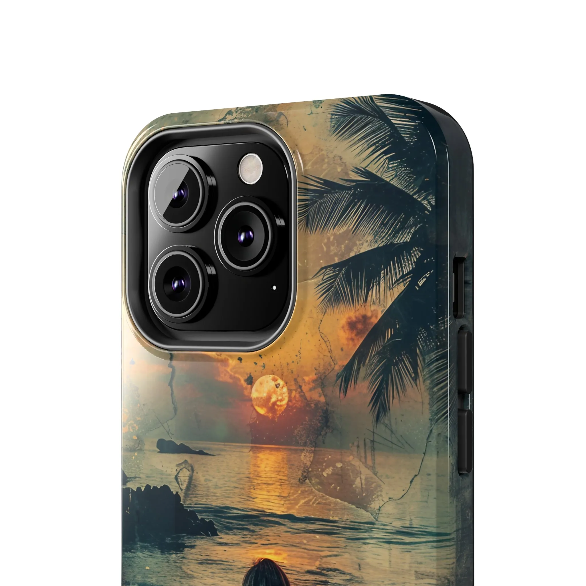 Vitage Tropical Sunset Beach Scene, iPhone Case, Aesthetic Ocean View with Palm Trees, Tranquil Nature Vibes Protective Cover, Tough iPhone Case