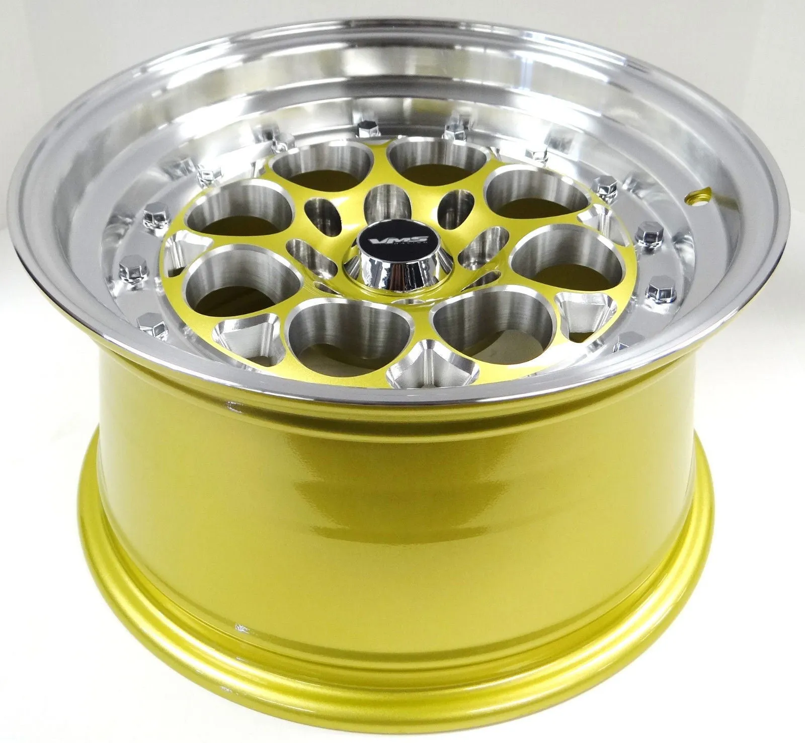 VMS Wheels Revolver 15x8 4x100/114.3  20 Offset Gold Milling Polished Lip Chrome RivOffsets - VWRE003