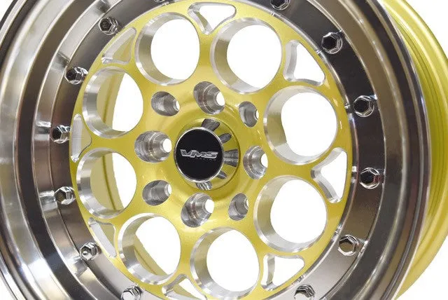 VMS Wheels Revolver 15x8 4x100/114.3  20 Offset Gold Milling Polished Lip Chrome RivOffsets - VWRE003