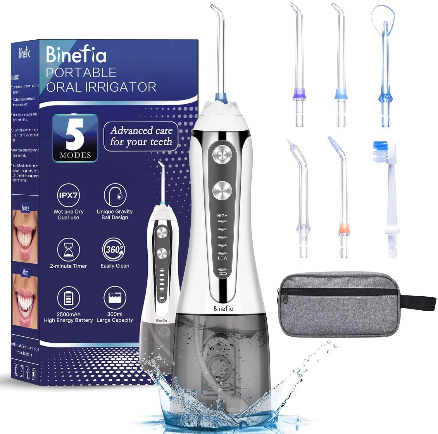 Water Flosser for Teeth Cordless with 5 Modes,  360° Rotation Oral Irrigator, IPX7 Waterproof, 300ML & 6 Jet Tips Water Jet Teeth Cleaner, USB Rechargeable for 35-Days Use at Home/Travel