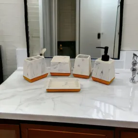 White Marble Bathroom Set with Wood Base